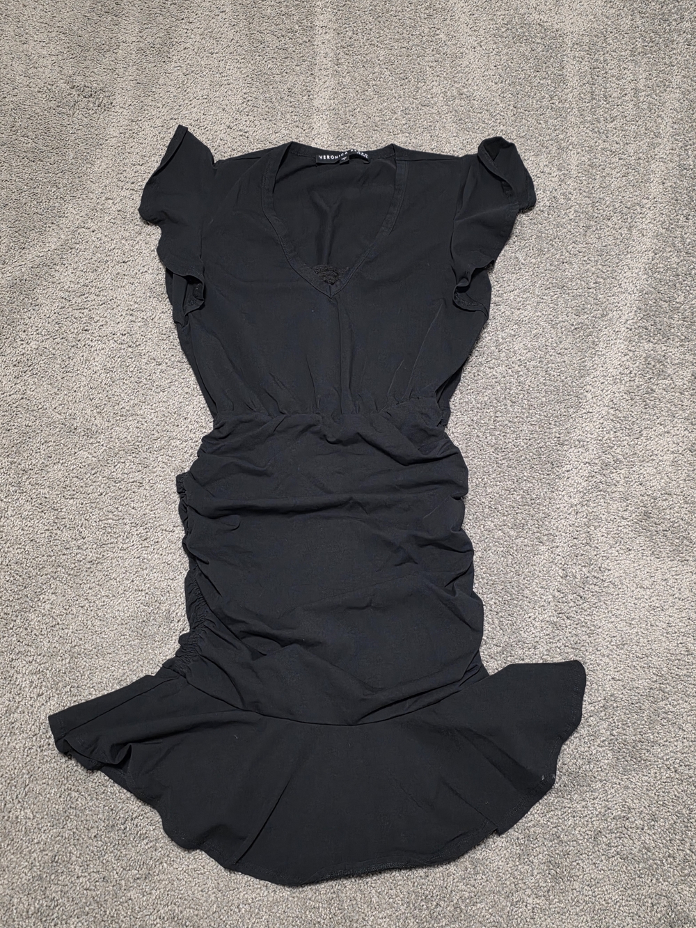 Veronica Beard Black Ruched Midi Dress with Flutter Sleeves